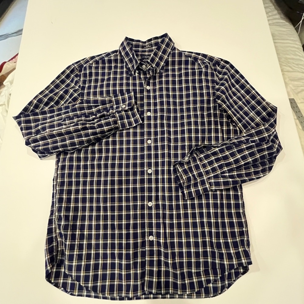 J.Crew Flex Washed Shirt Mens Large Slim Untucked Navy Blue Plaid Button Down